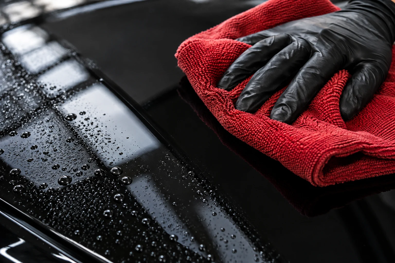 Microfibre rouge sur une carrosserie noire, photographie d’ambiance